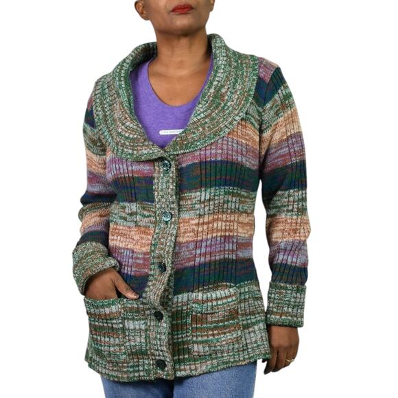 Vintage Hand Loomed Knit Cardigan Sweater Green Marled Rainbow Stripe 70s Medium - Picture 8 of 16